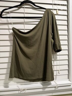 SPANX Olive Ribbed One-Shoulder Top